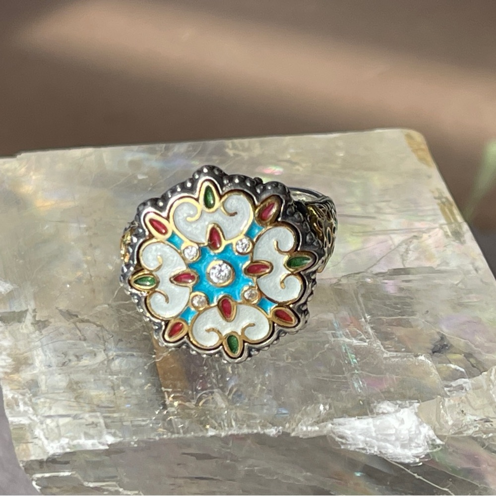 Dimitrious Designer Sterling Silver Enamel Elaborate Greek Designer Ring Size 8 - Picture 10 of 11